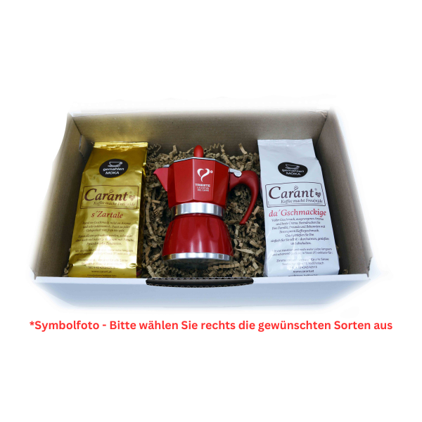 s´Genusspackale Geschenkbox Carant Kaffee 2x 250 g & 1x Moka Kanne